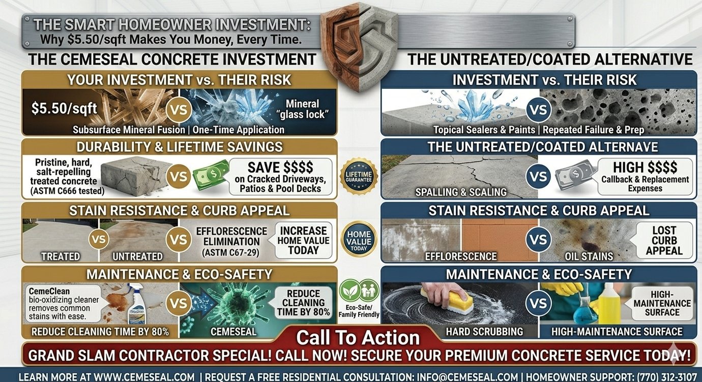 The smart homeowner investment: why $5.50 per square foot CemeSeal treatment saves money compared to untreated concrete
